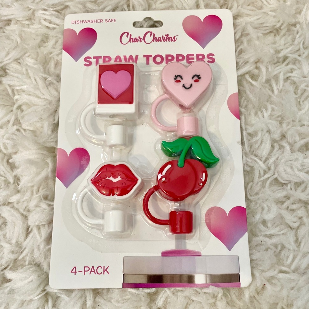 CharCharms Silicone Straw Toppers 4-Pack Hearts Lips Cherries Pink Red‎ New